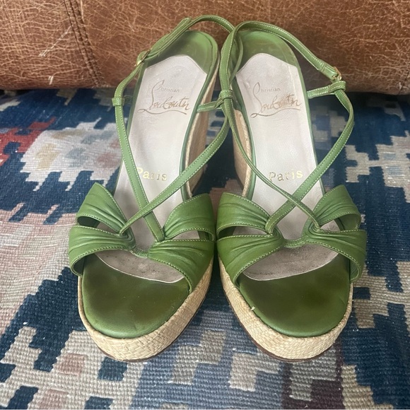 Christian Louboutin Green Leather Strappy Wicker Wedge Sandals Size 37 - Picture 1 of 12